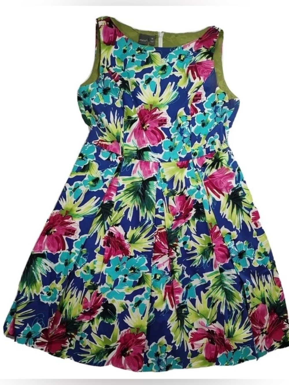 Muse Floral Fit-and-Flare Dress in Blue, Pink & Green Floral Size 14